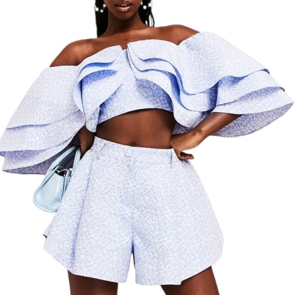ASOS Tops - ASOS Luxe Blue and White Jacquard Ruffle Off the Shoulder Crop Top Size 4